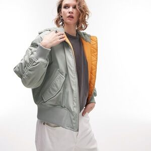 Topshop hooded borg lined bomber jacket in sage